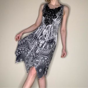CATO Black and White Print Dress with a Black Lace Embellishment